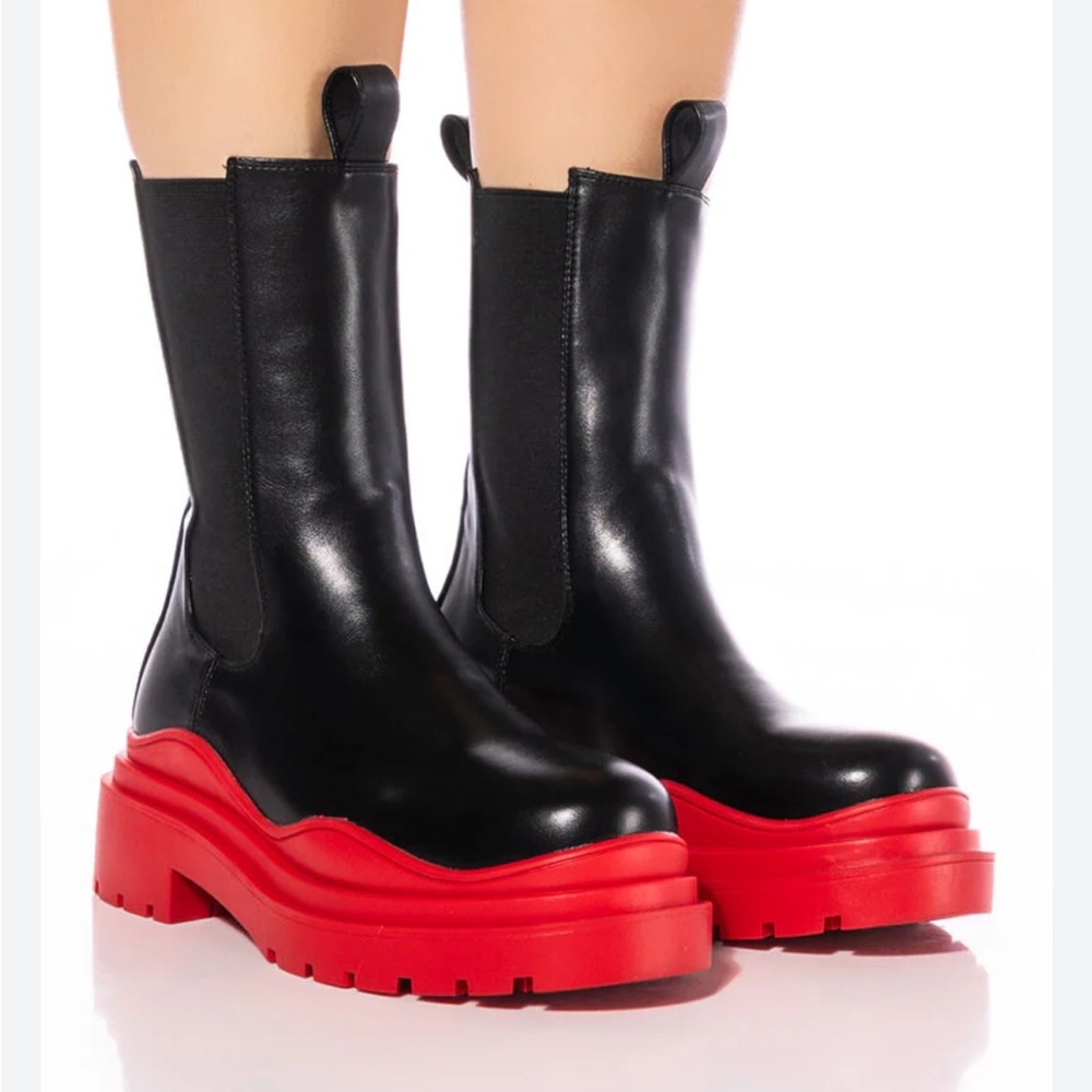 Black and Red Chunky Chelsea Ankle Boots